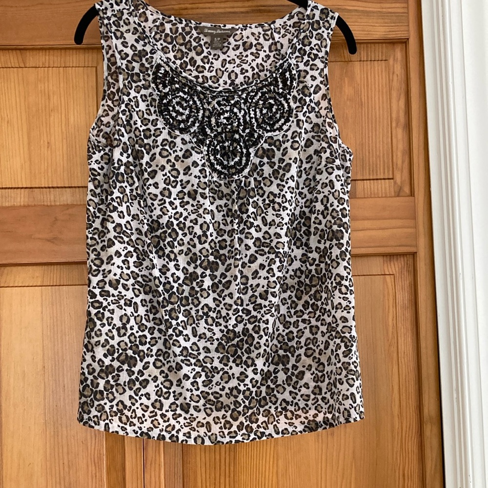 Tommy Bahama Leopard Print Sleeveless Top with Cut Out Embroidered Neckline